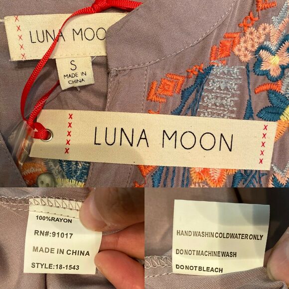 LUNA MOON Gray Floral Embroidered Blouse Peasant Top 3/4 Sleeve Small NWT ANTHRO - Picture 8 of 11